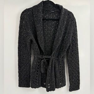 Women’s magaschoni crochet knitted black speckled tie cardigan sweater medium